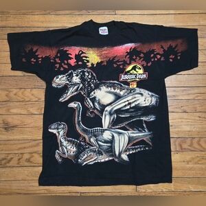 Vtg 1993 Novelteez L Jurassic Park AOP Single Stitch T Shirt